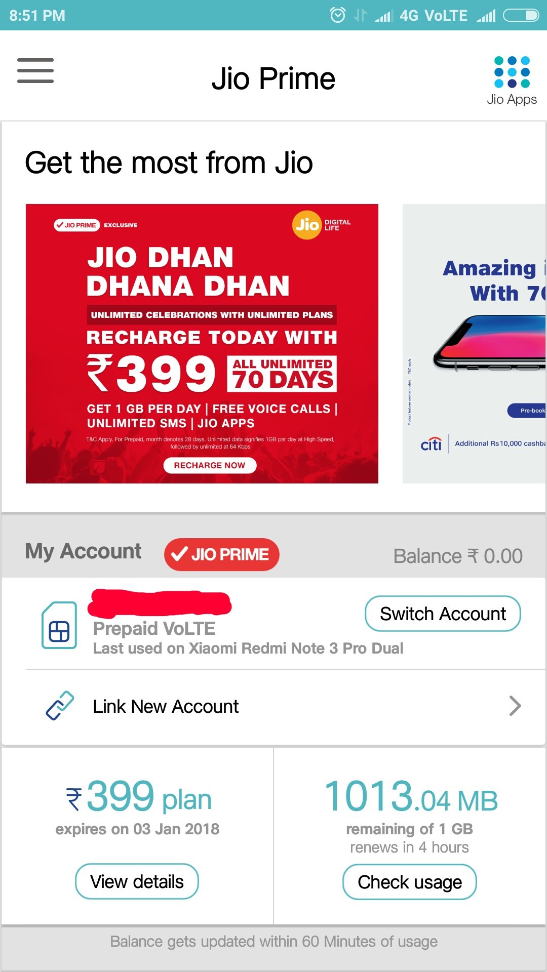 how to check jio data balance in iphone