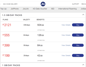 Jio Prepaid Plans and Recharge packs and plans with unlimited 4g data and calling benefits