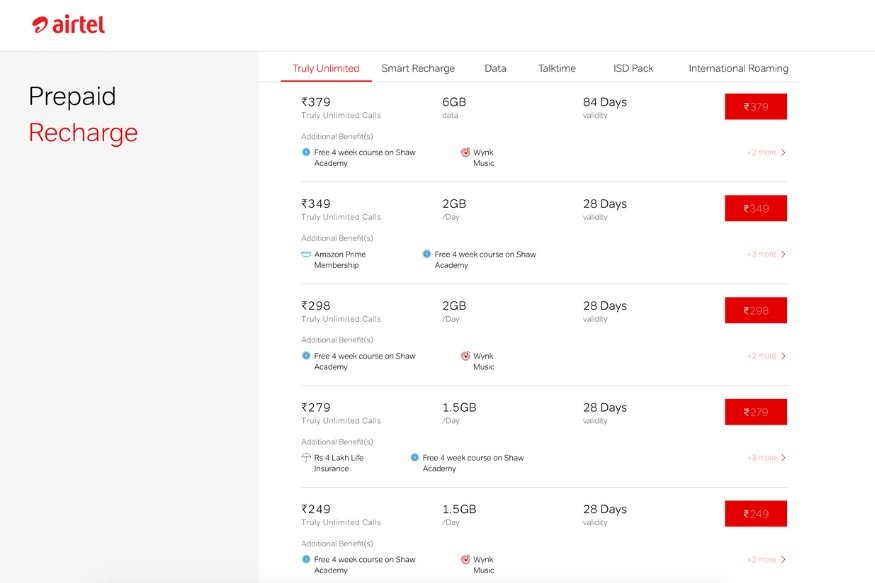 Airtel Recharge Plans for Prepaid with Unlimited Calls